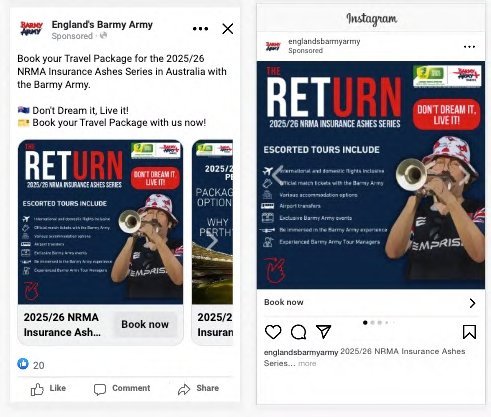 Barmy Army paid social ad creative across Instagram and Facebook